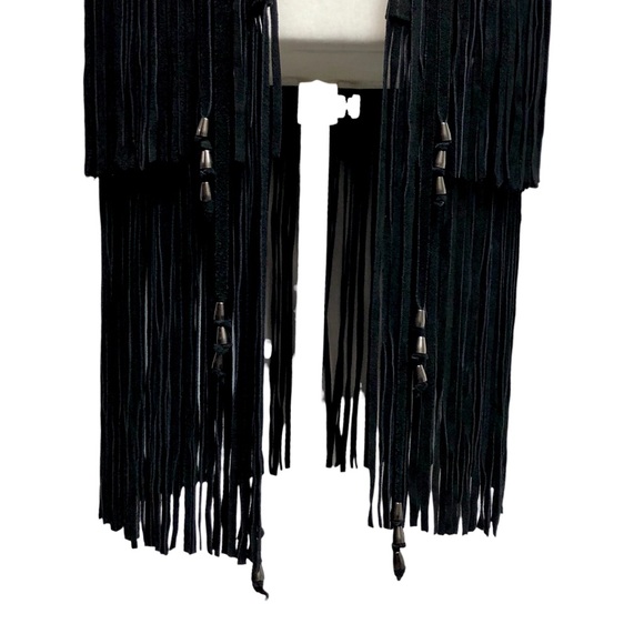 True Religion Black Leather Vest Mid Length Metal Bead Fringe Festival Boho - Picture 10 of 12